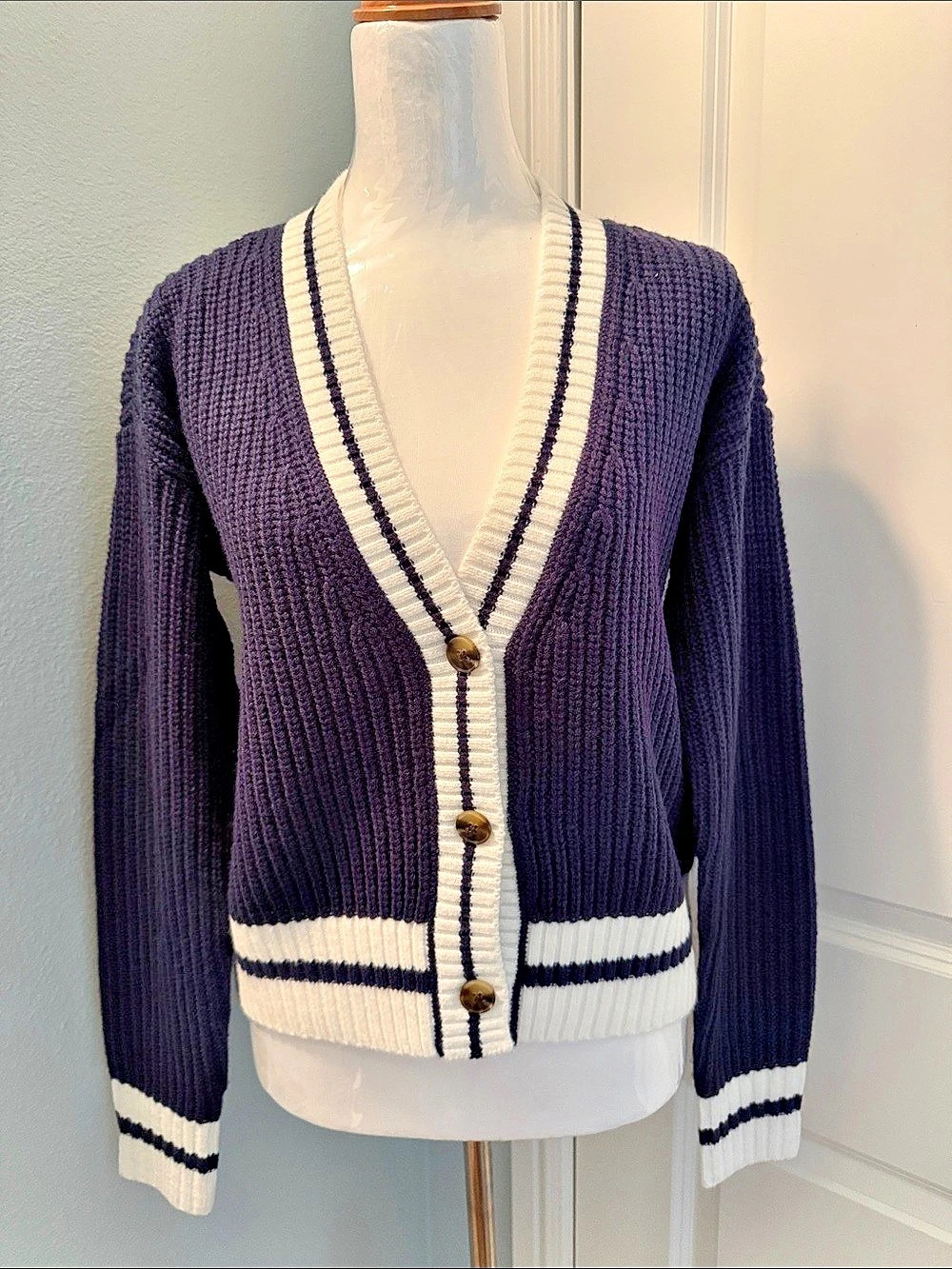 SO Striped Cardigan in Navy Blue & White Size XS NWT